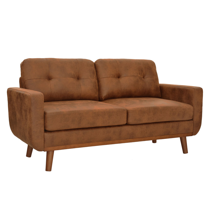 Two-seat sofa in warm brown fabric with tufted back cushions and wooden legs