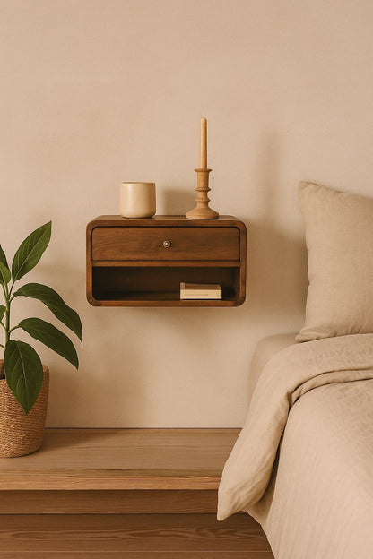 Dark brown floating nightstand with open top slot shelf and front drawer with round knob