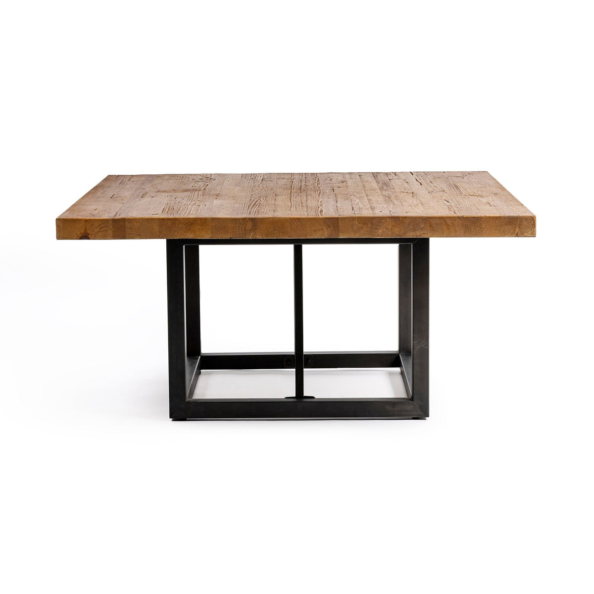 Brown wood dining table with black metal frame and open storage shelf
