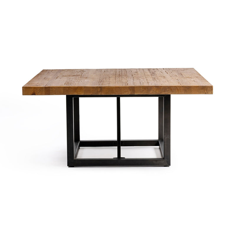 Brown wood dining table with black metal frame and open storage shelf