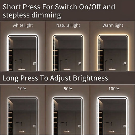 Full Length Floor Mirror LED Whole Body Mirror, Wall Mounted Hanging Mirror With Lights, Makeup Vanity Mirror, Bedroom Full Size Body Mirror With Dimming & 3 Color Modes - Clear