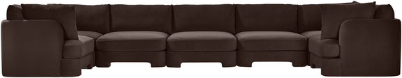 Dark brown U-shaped sectional sofa, side view with square arm and seat cushions