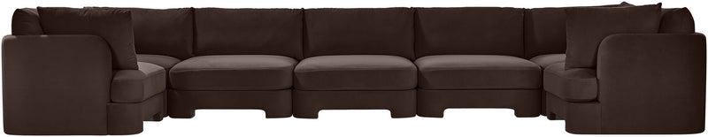 Dark brown U-shaped sectional sofa, side view with square arm and seat cushions