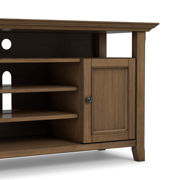 Rustic aged brown TV stand cabinet door with round knob and open shelving