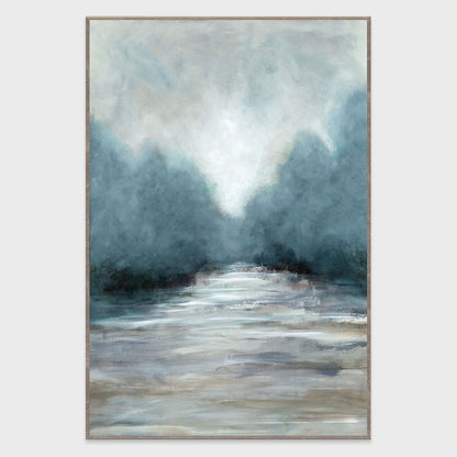 Framed abstract landscape painting with blue-green misty sky and light shoreline