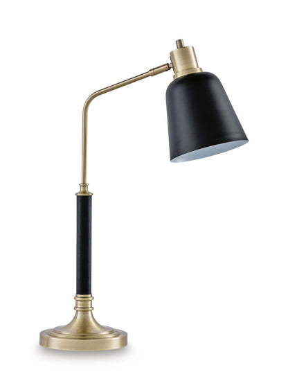 Metal lamp with black cone shade and brass-finish curved arm, round base