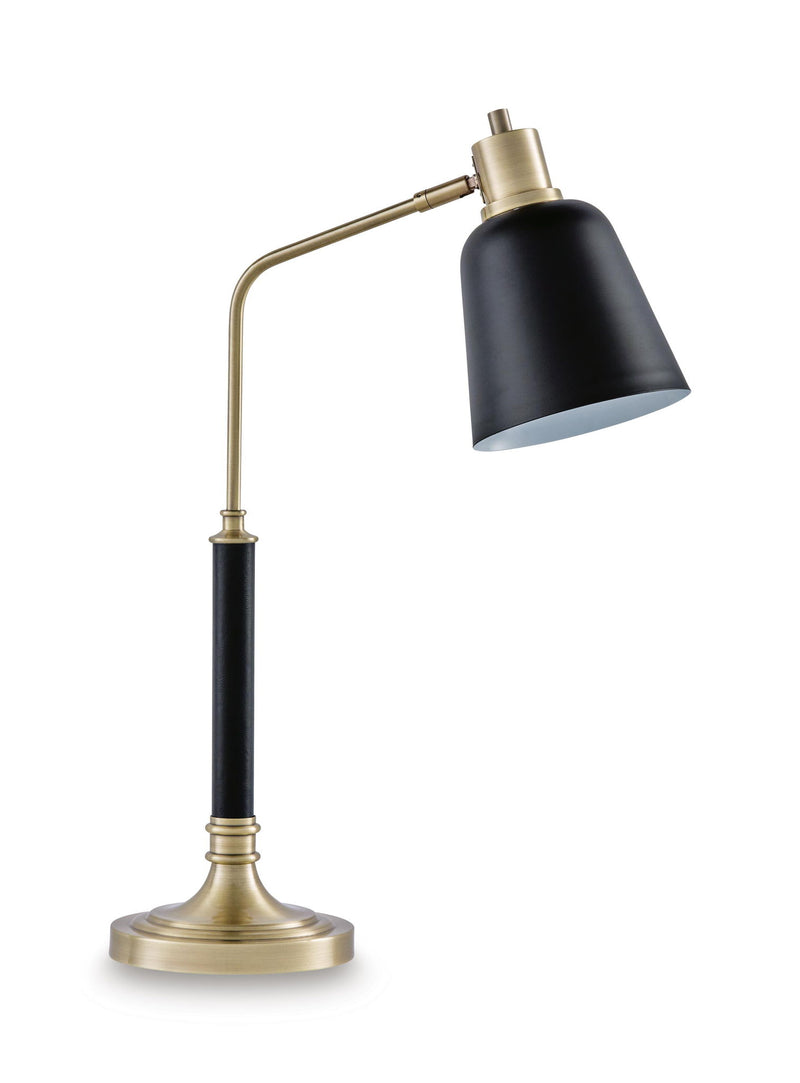 Metal lamp with black cone shade and brass-finish curved arm, round base