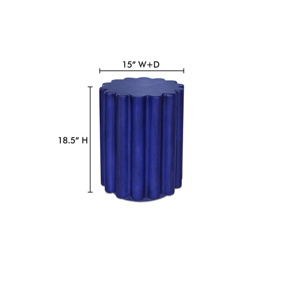 Blue round accent table with vertical ribbed sides and scalloped lid