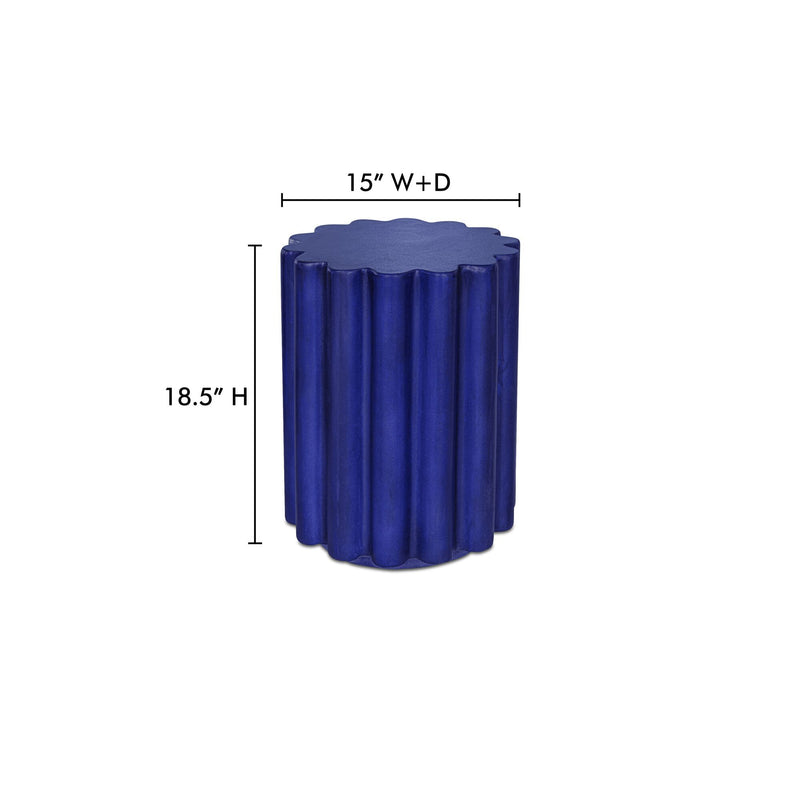 Blue round accent table with vertical ribbed sides and scalloped lid