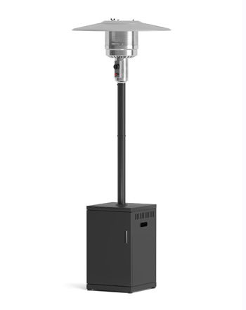 Black patio heater with a tall pole, square base, and silver burner cover