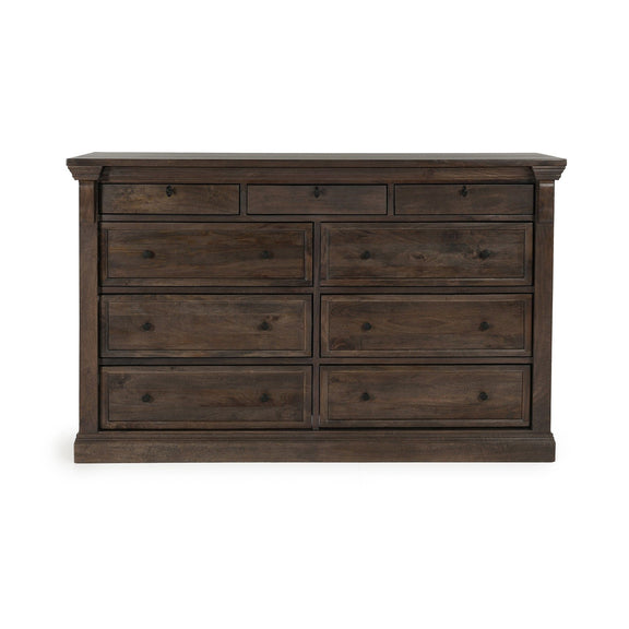 Cocoa brown wood 9-drawer dresser with recessed drawer fronts and black pulls