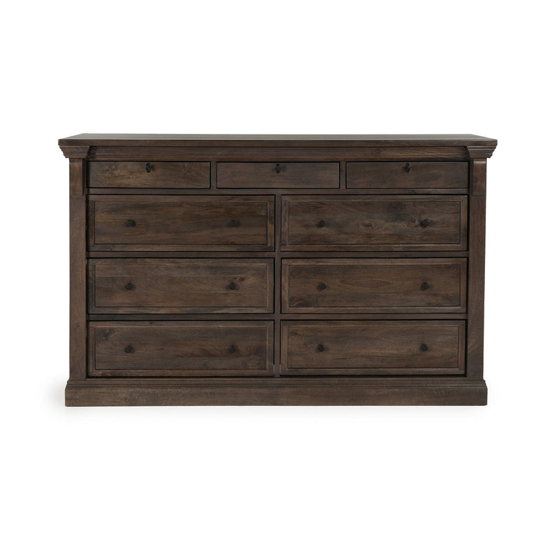 Cocoa brown wood 9-drawer dresser with recessed drawer fronts and black pulls