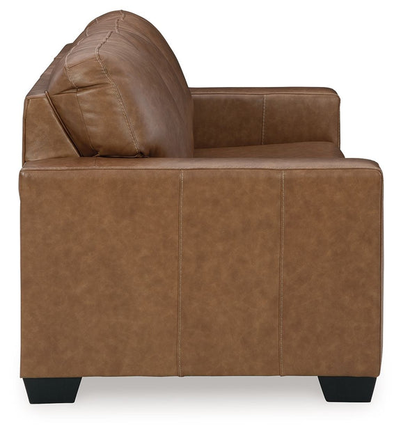 Brown leather-style loveseat with tufted back and padded armrests