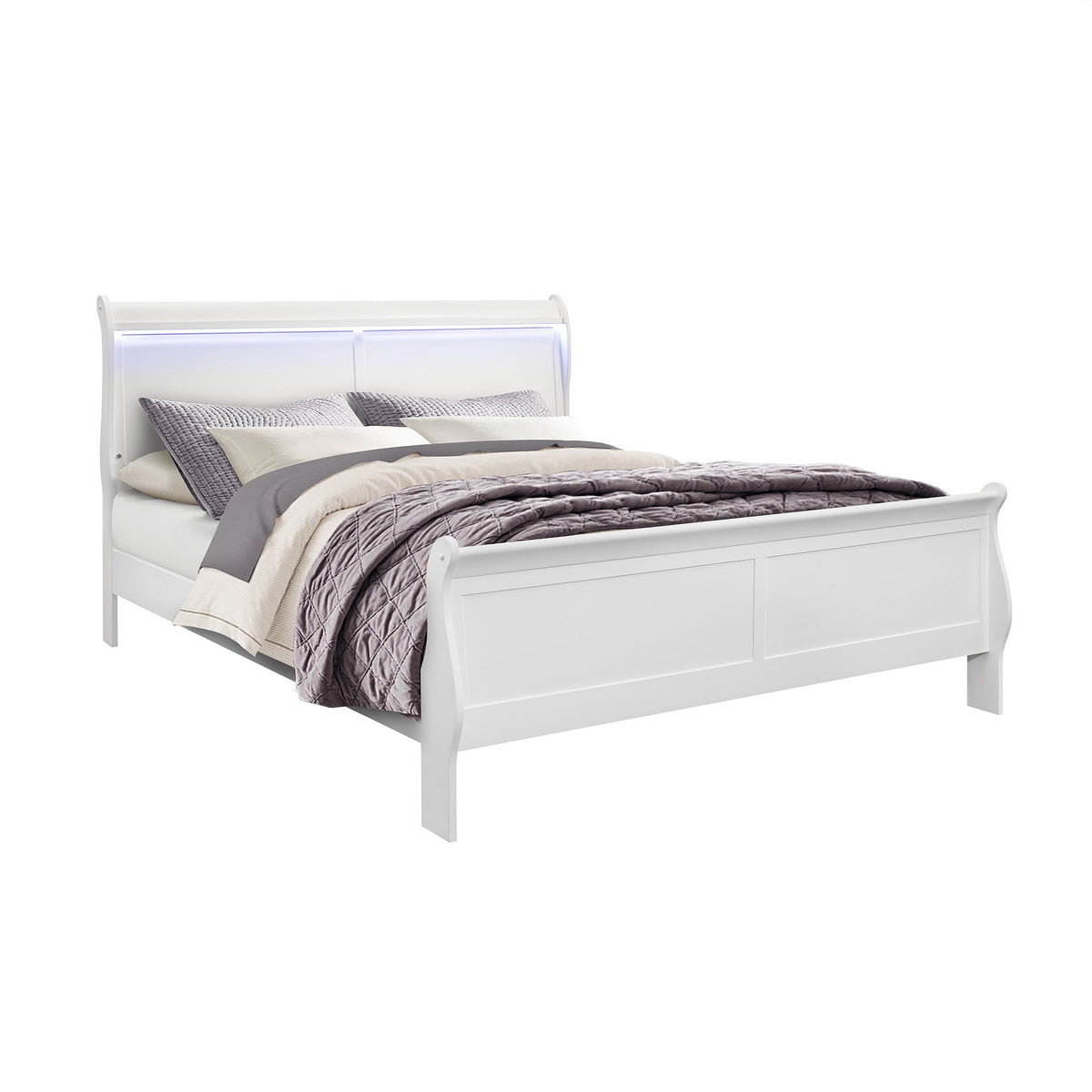 White upholstered bed frame with LED headboard and neatly folded bedding with pillows