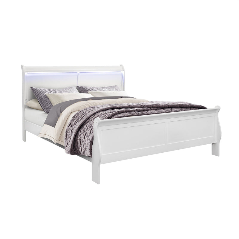 White upholstered bed frame with LED headboard and neatly folded bedding with pillows