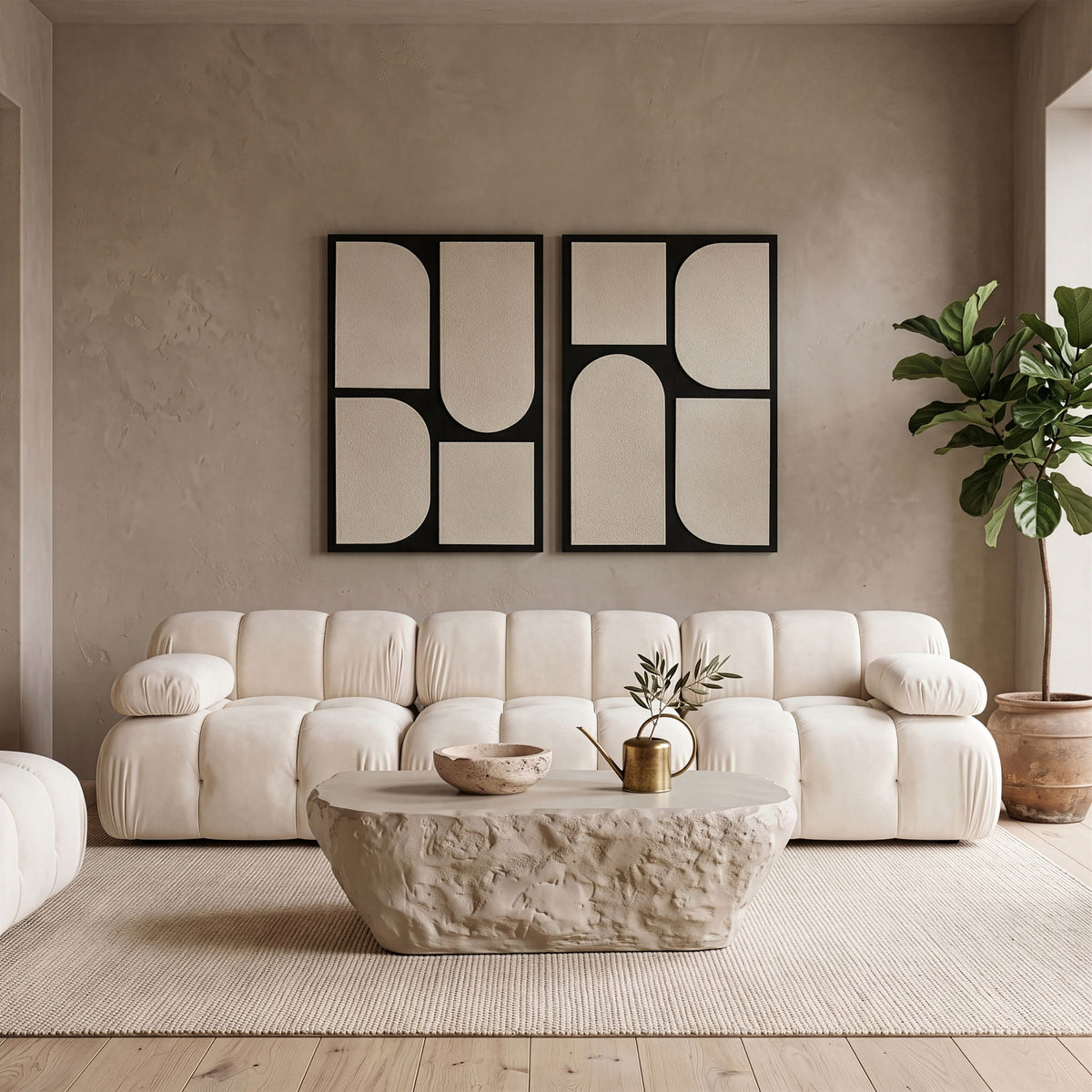 Mango wood 2-piece wall art set with black frames and off-white abstract block shapes