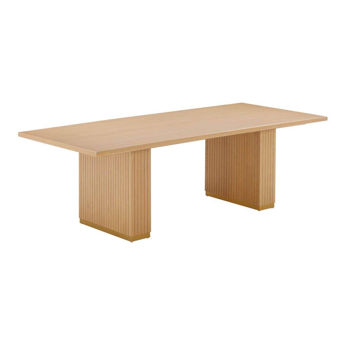 Beige rectangular dining table with smooth top and vertical slat pedestal base