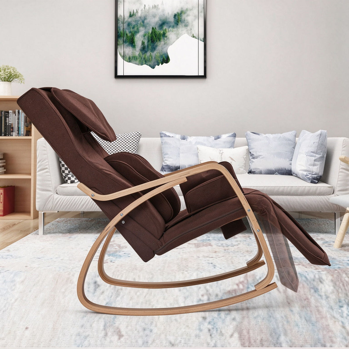 Brown fabric massage rocking chair with padded headrest and footrest, open leg base
