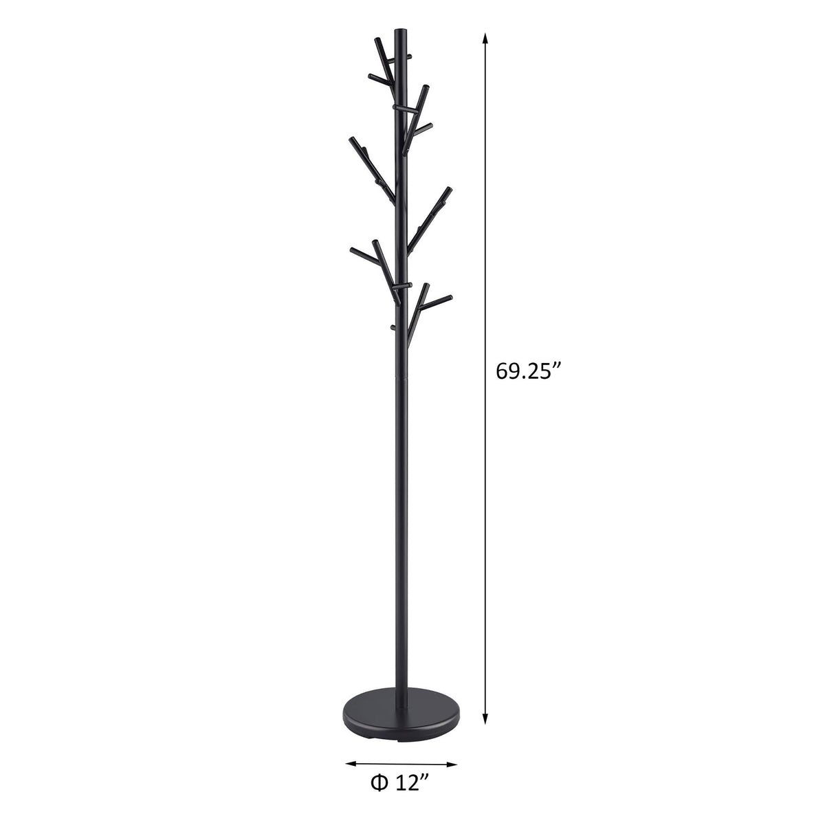 Black tree-branch freestanding coat rack with multiple hook arms and round base