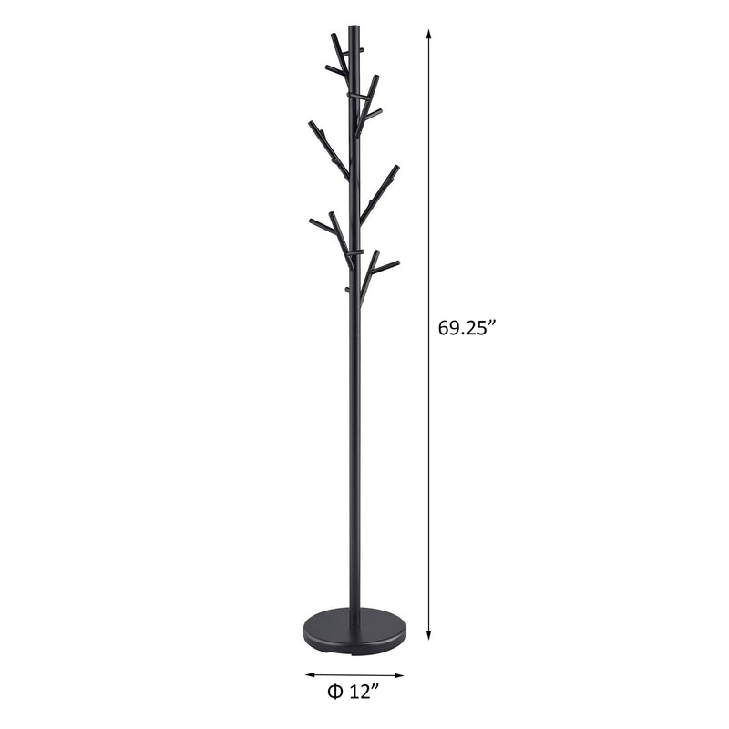Black tree-branch freestanding coat rack with multiple hook arms and round base