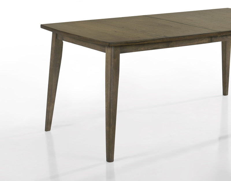 Dark brown dining table with rectangular tabletop and tapered leg frame
