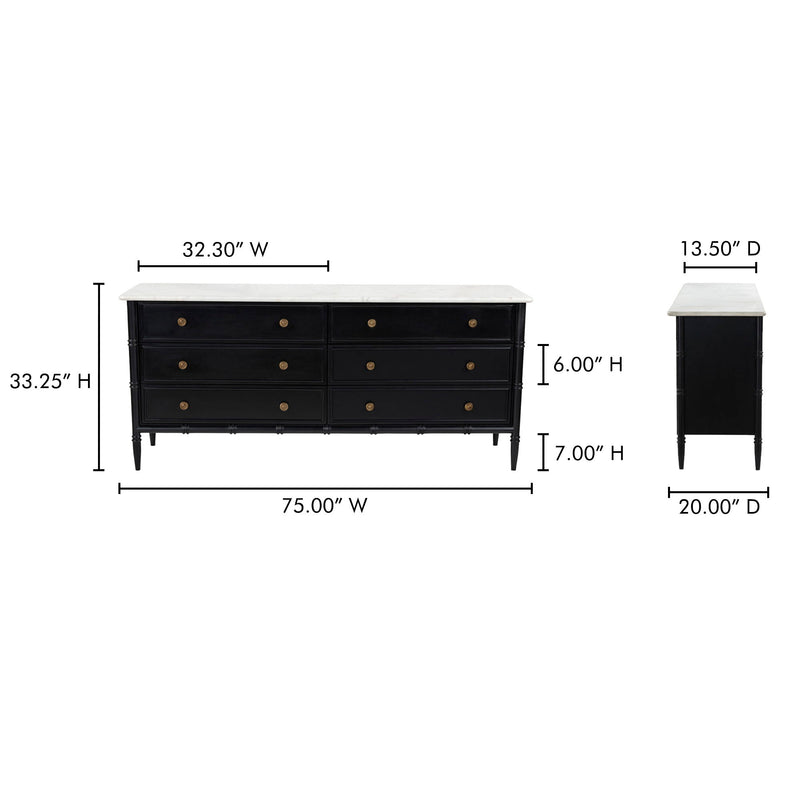 Black 6-drawer dresser with white top and brass knobs, shown with size measurements