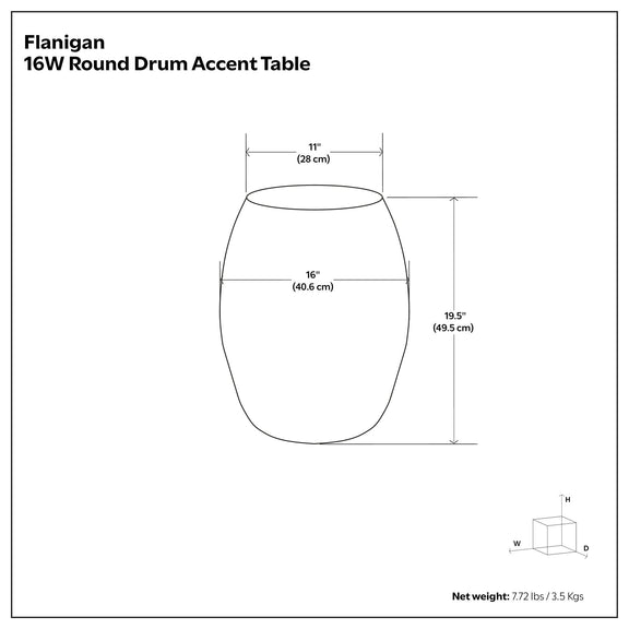 Round drum accent table size diagram showing width 16 in and height 19.5 in