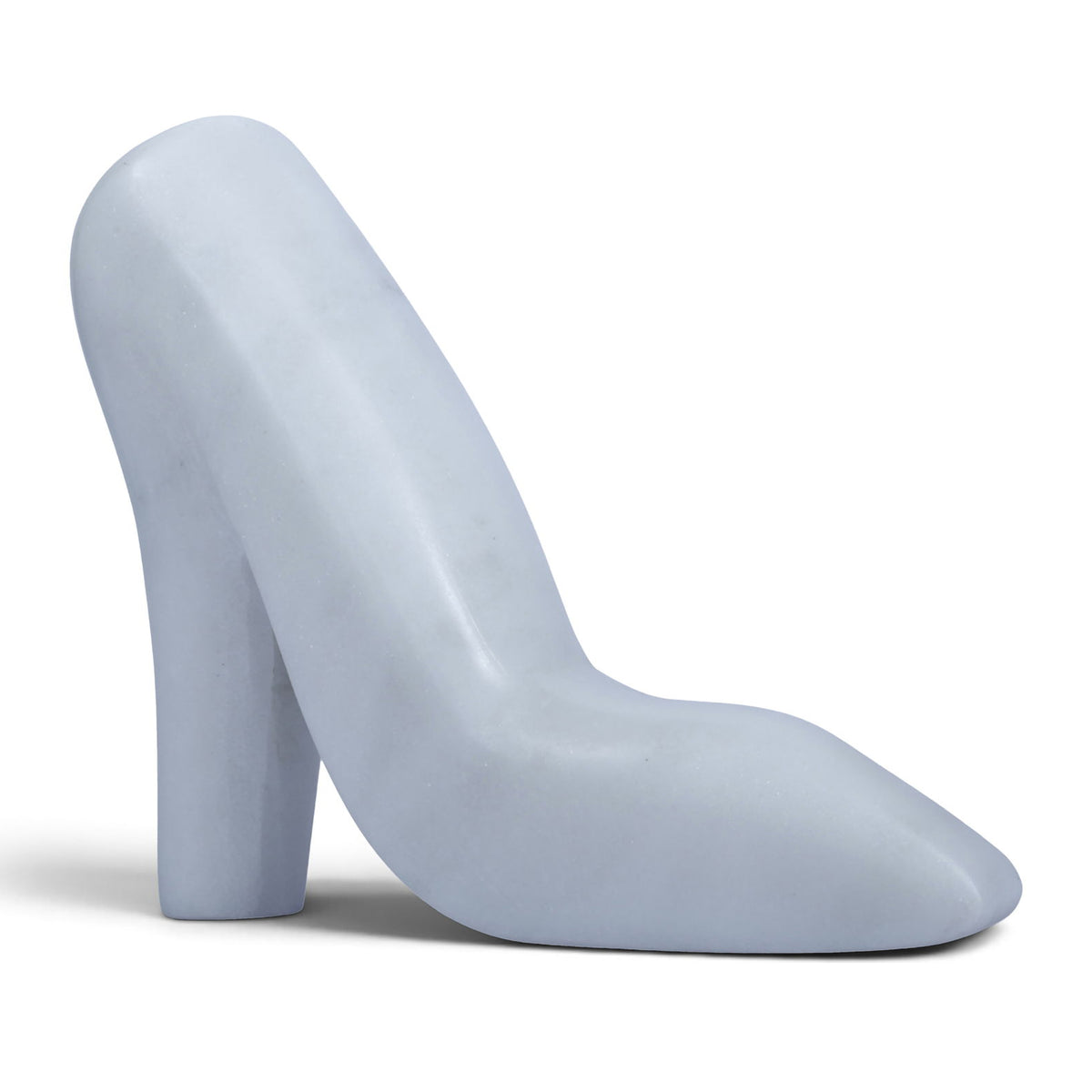 Light blue marble high-heel shoe sculpture with smooth rounded toe