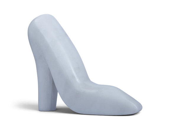 Light blue marble high-heel shoe sculpture with smooth rounded toe