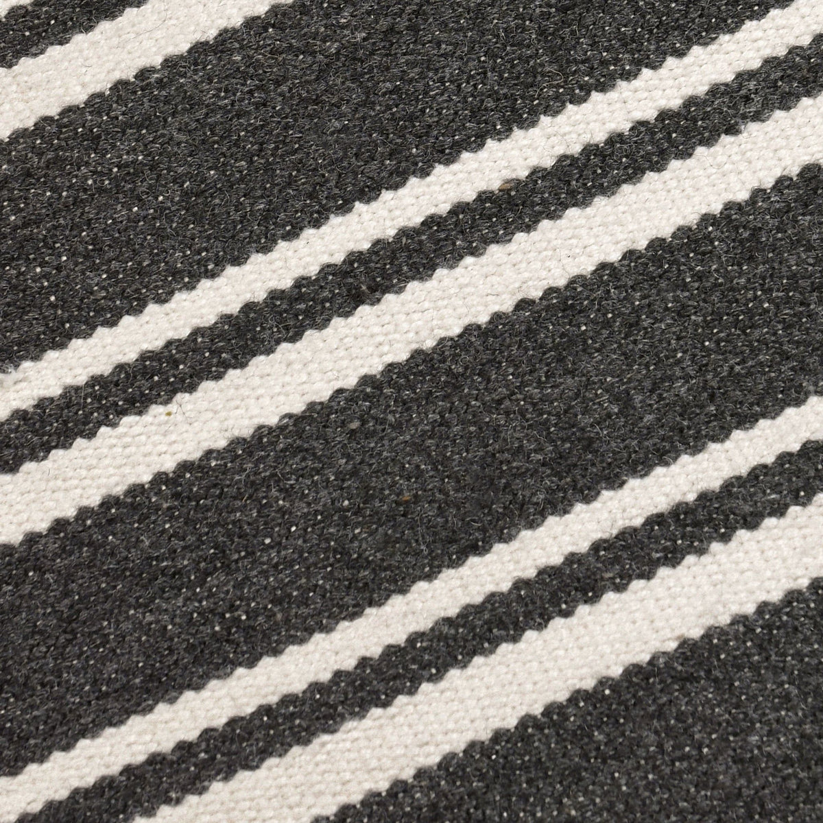 Close-up of charcoal rug with thick white stripe bands and visible woven fibers