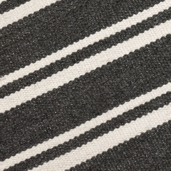 Close-up of charcoal rug with thick white stripe bands and visible woven fibers