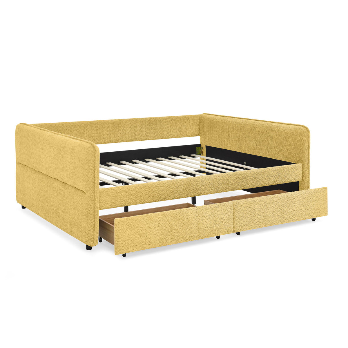 Yellow upholstered daybed with open storage drawers and slatted base