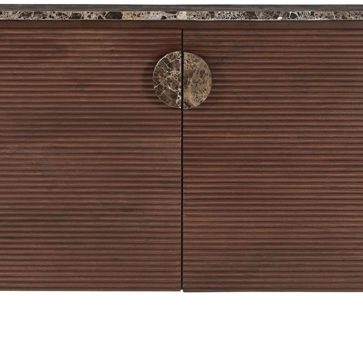 Varenna acacia wood sideboard, dark brown, close-up of 2-door doors and center pull