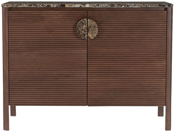 Varenna acacia wood sideboard, dark brown, close-up of 2-door doors and center pull
