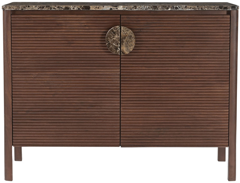Varenna acacia wood sideboard, dark brown, close-up of 2-door doors and center pull