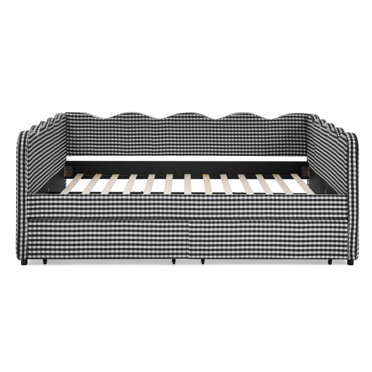 Black-and-white gingham daybed with wave-shaped headboard and open white slat base