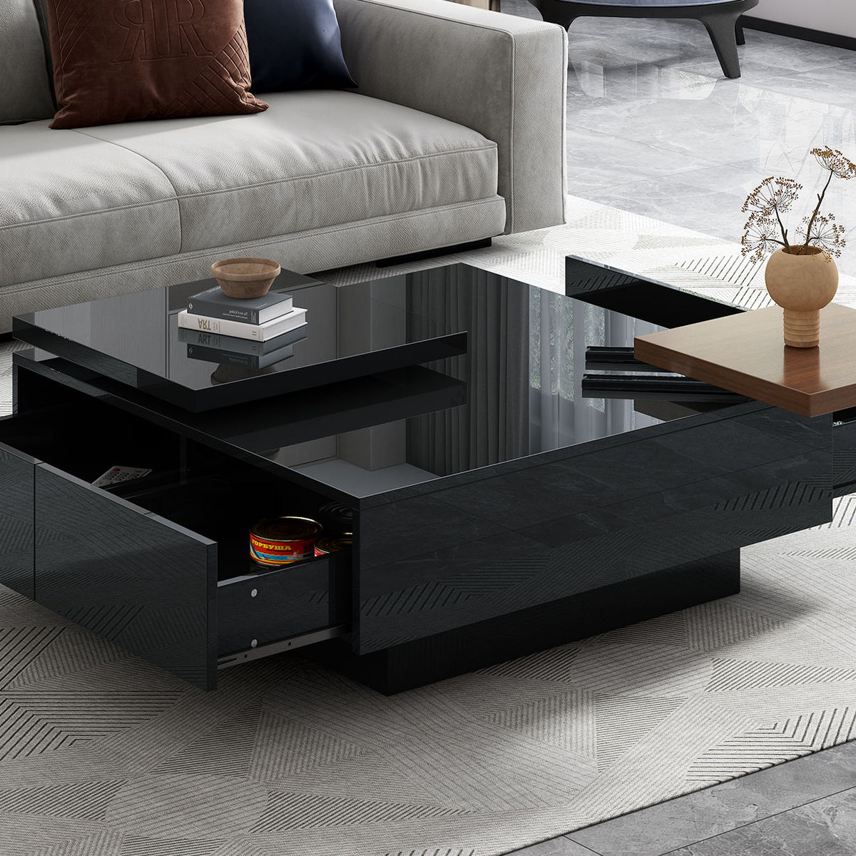 Movable Square Top Coffee Table With 4 Hidden Storage Drawers
