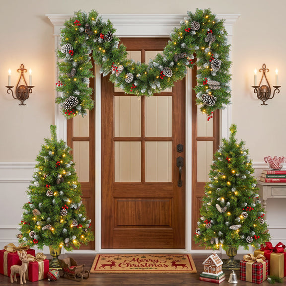Pre-lit artificial Christmas trees and pinecone garland displayed around an entrance