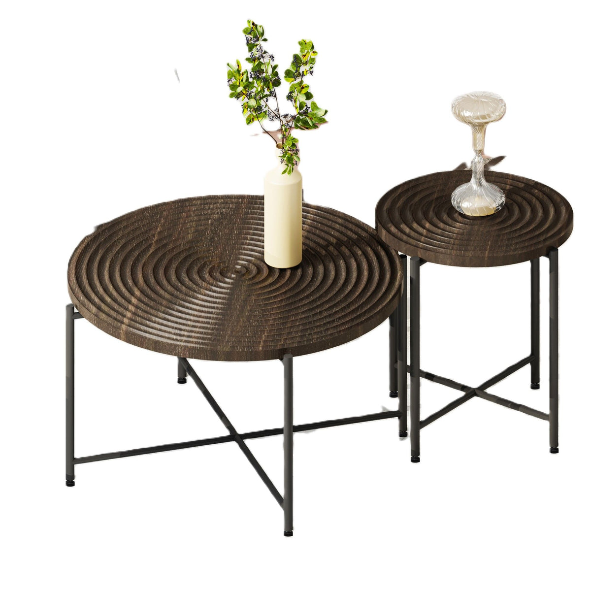 Set of 2 round wicker coffee end tables with distressed dark-brown tops and black metal frames