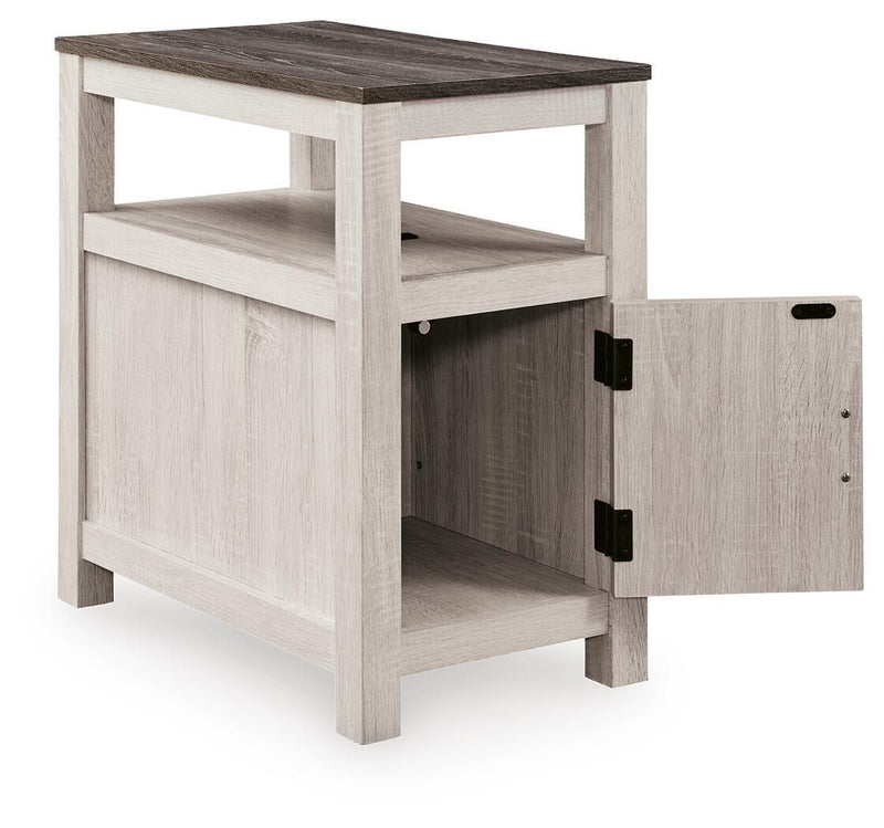 Chair side end table in light gray wood with open shelf and cabinet door