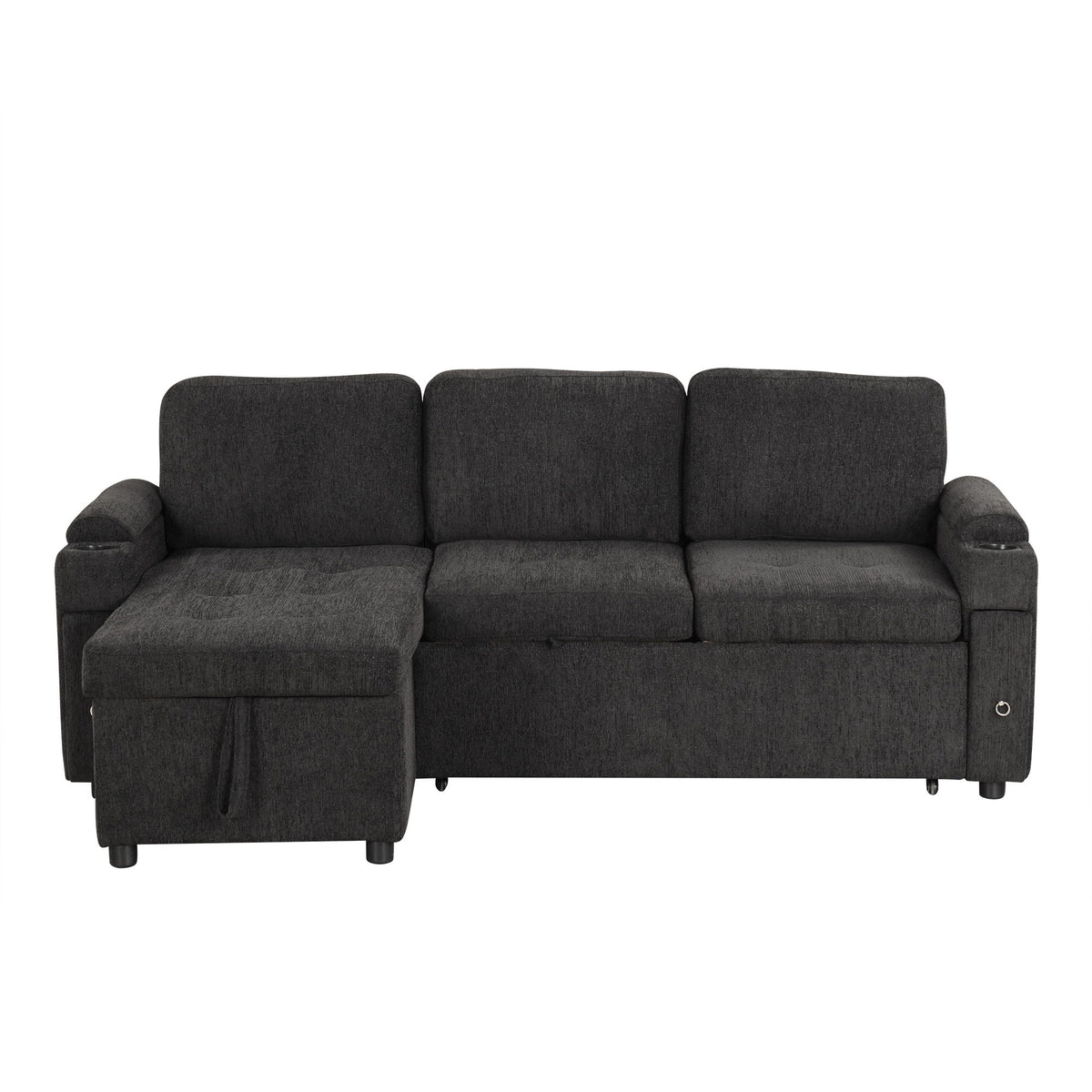 Black L-shaped convertible sofa with storage ottoman and cushioned armrests
