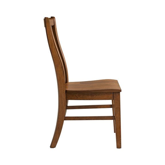 Light brown slat-back dining chair with curved back and wood seat