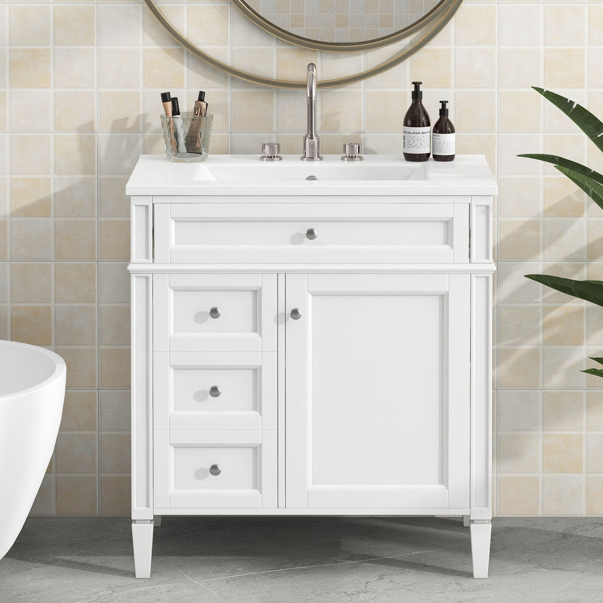 White bathroom vanity with top sink and cabinet doors, two drawer stacks on left