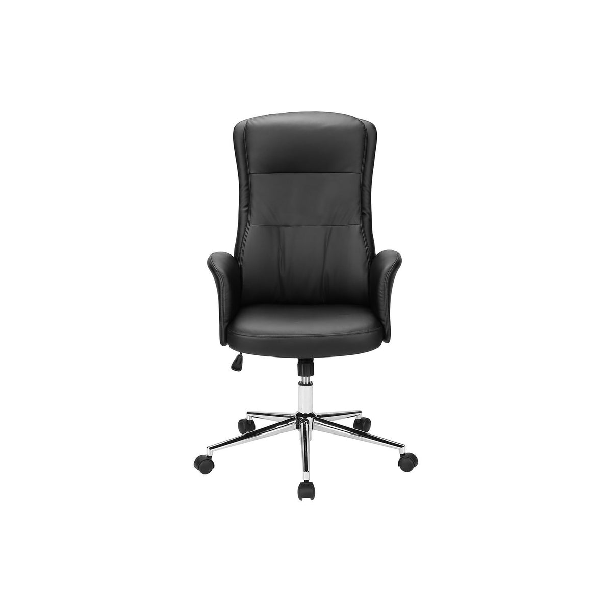 Black ergonomic office chair with high cushioned back, padded seat, and rolling swivel base