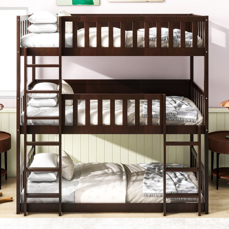 Espresso twin-over-twin triple bunk bed with guardrails and ladder, wood frame
