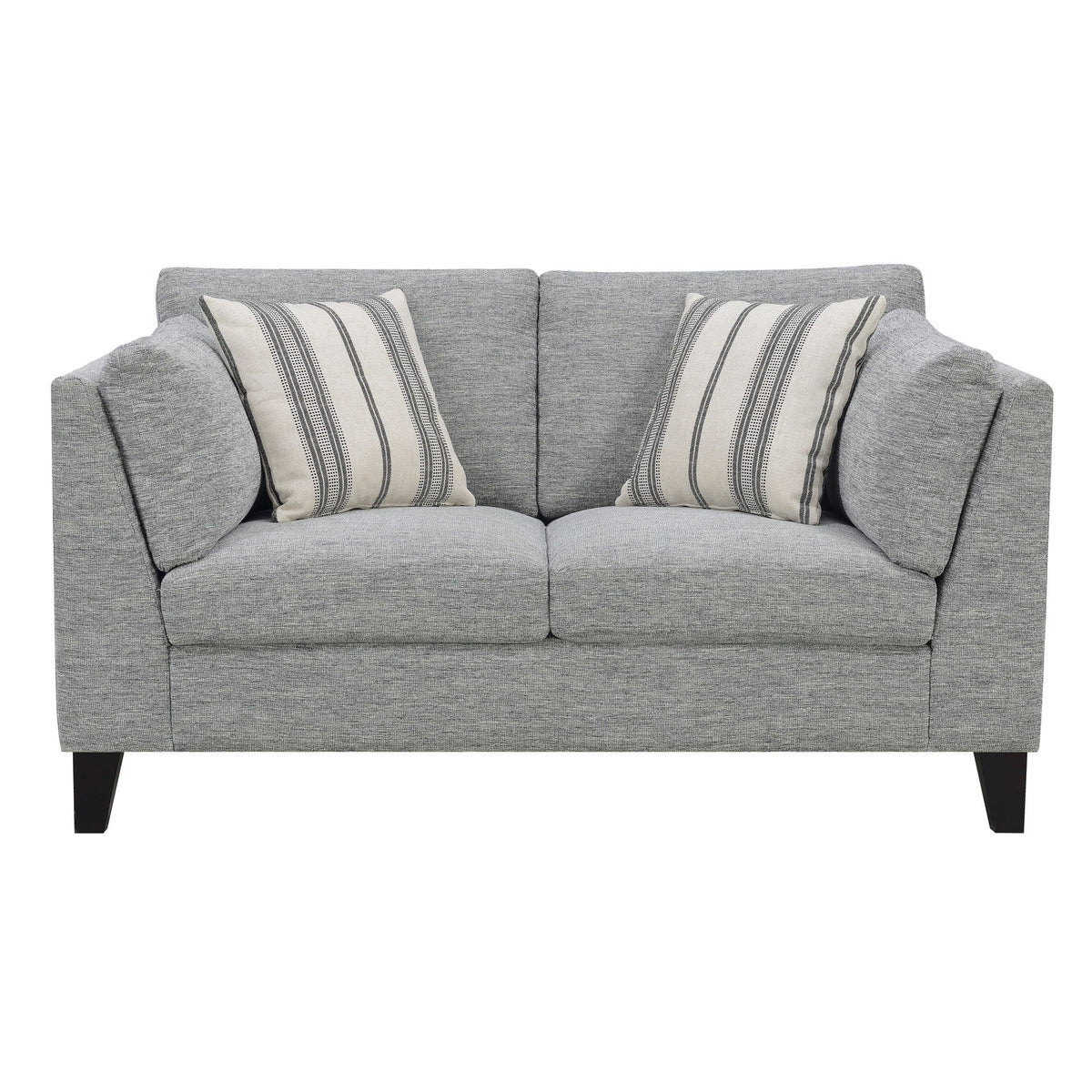 Gray fabric loveseat sofa with two seat cushions and two striped throw pillows