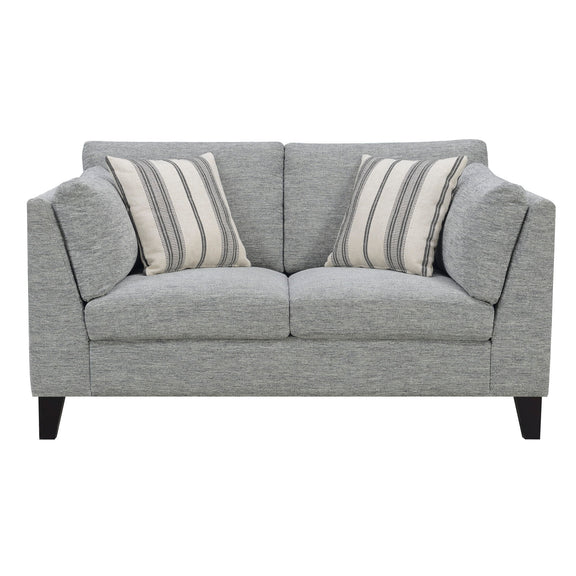 Gray fabric loveseat sofa with two seat cushions and two striped throw pillows