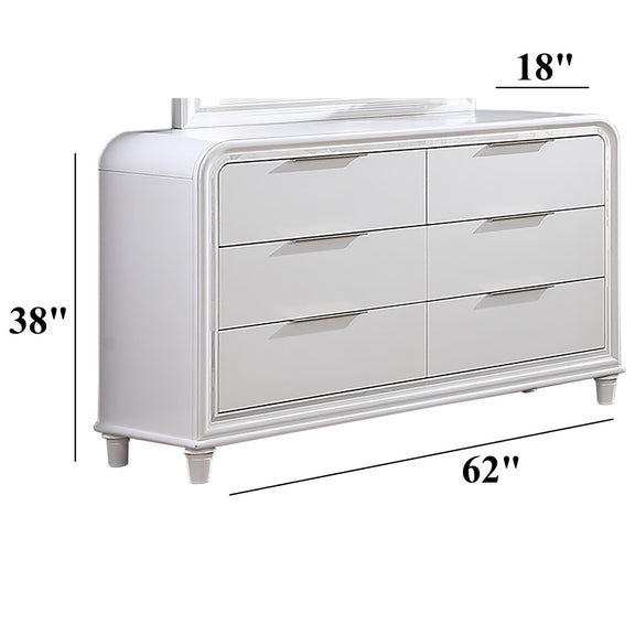 White 6-drawer dresser front with six drawers, silver bar handles, chrome frame