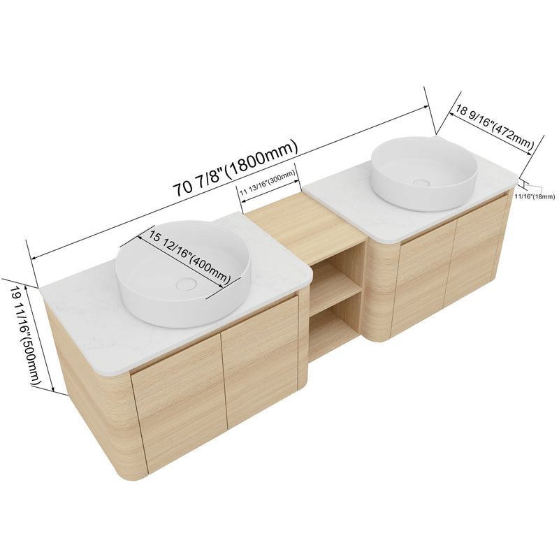 Wall-mounted bathroom vanity dimensions with two white round art sinks and open center shelf