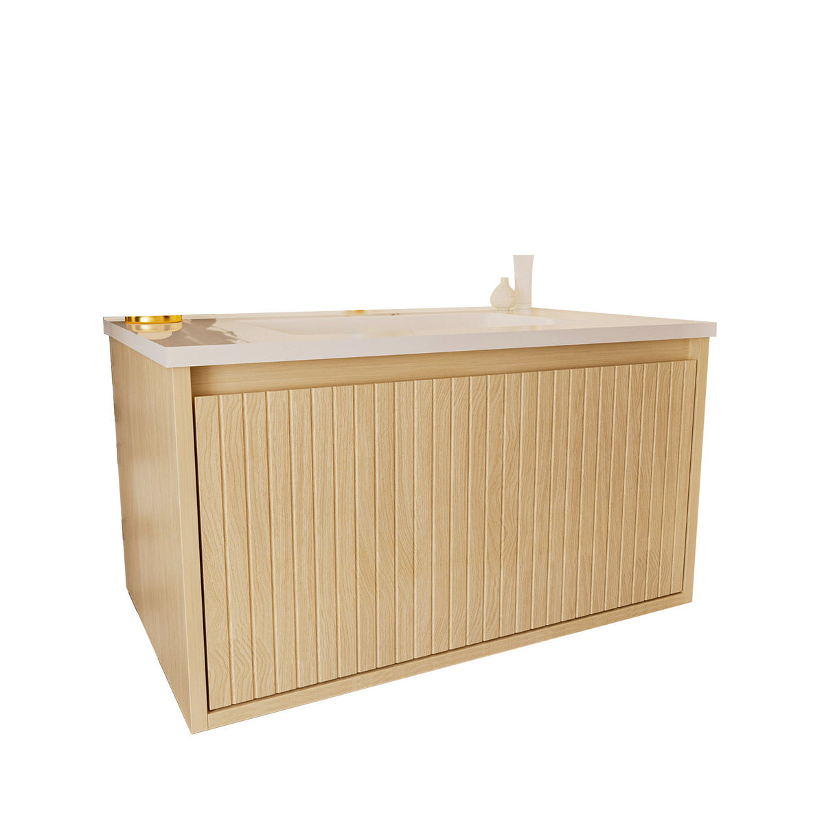 Wall-mounted bathroom vanity cabinet with light wood front and white countertop